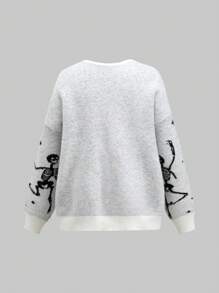 ROMWE Goth Áo len dệt kim cổ tròn dài tay họa tiết đầu lâu đơn giản cho nữ, thường ngày - trắng - Xem 2