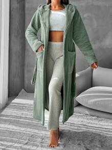 RueChic Dual Pocket Belted Hooded Lounge Robe - Green - View 3