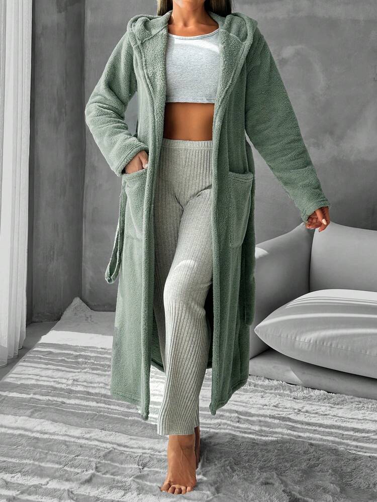 RueChic Dual Pocket Belted Hooded Lounge Robe - Green - View 3