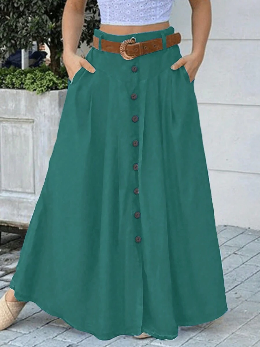 女士休闲纯色腰部口袋A字长裙，百搭前开襟设计，秋季款