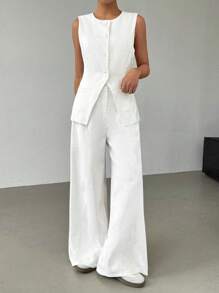 SHEIN EZwear 2pcs/Set Women's Spring & Summer Casual Linen Blazer Vest And Wide Leg Pants In Fall/Winter