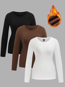 SHEIN LUNE 加大码 3 件套 罗纹保暖内衬 基本款圆领长袖汗衫，适合冬季 - 彩色 - 查看 1