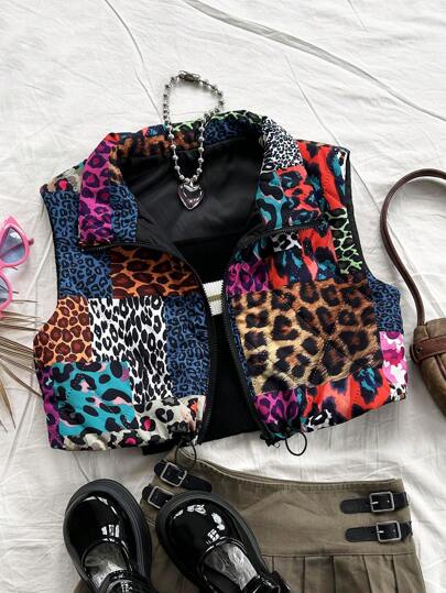 Soleia 休闲拼色豹纹拉链无袖背心，秋冬日常穿着