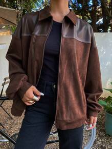 DAZY 女士纯色拼接长袖前拉链极简夹克，休闲日常穿着，秋季服装皮夹克 - 咖啡棕 - 查看 6