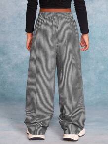 SHEIN Leap Crew Tween Girls' Loose Striped Straight Wide Leg Sports Pants - Black - View 2