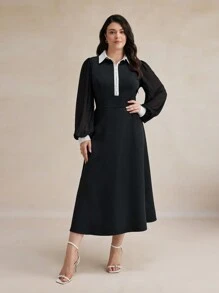 BizChic Vestito elegante a maniche lunghe con bottoni e contrasto di colori bianco e nero, taglia comoda - nero - Visualizzare 8