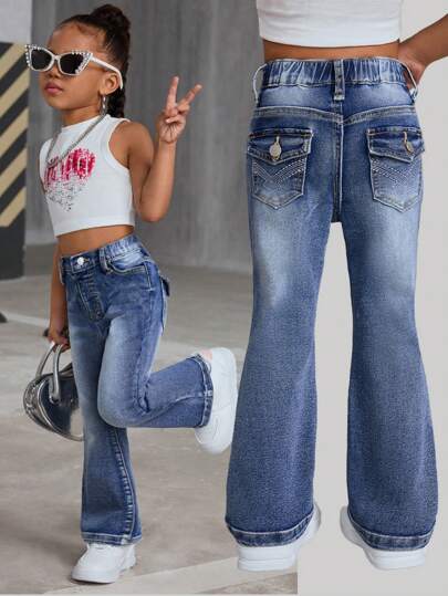 SHEIN Ung flicka Casual Basic Blue Denim Jeggings