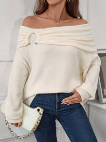 Chiquease Women's Solid Color Minimalist Daily Off-Shoulder Long Sleeve Sweater, Knit Pullover Fall Winter - Apricot - View 5