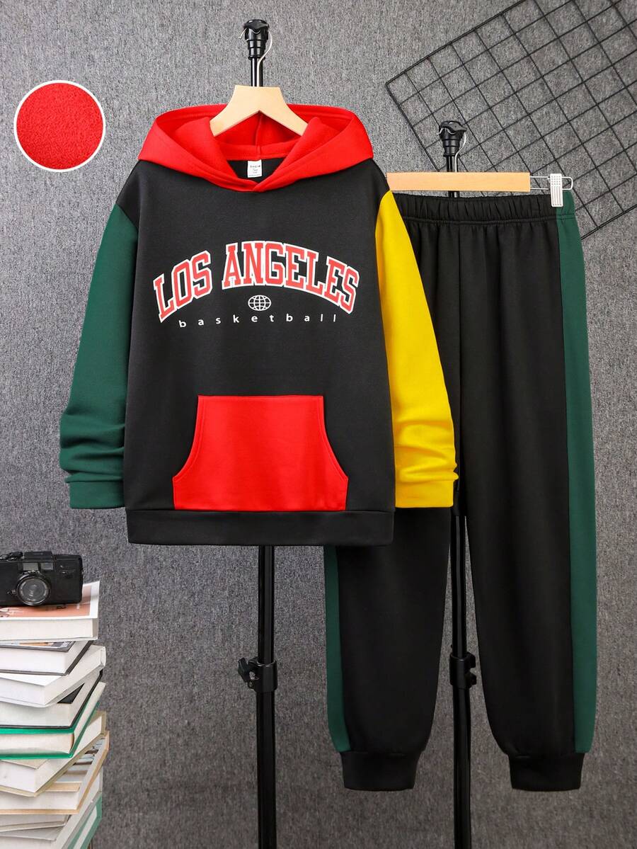 SHEIN Bộ áo hoodie và quần nỉ in chữ màu tương phản cho bé trai tuổi teen, dáng rộng, thu/đông - Nhiều màu - Xem 1