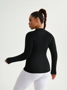 SHEIN Sports Plus Size Plain Zip-Up Front Long Sleeve Casual Sports Jacket - Black - View 2