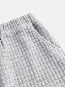 SHEIN 少女秋季休闲 3 件套：混色灰色纹理针织连帽运动衫、背心和短裤 - 灰色 - 查看 8