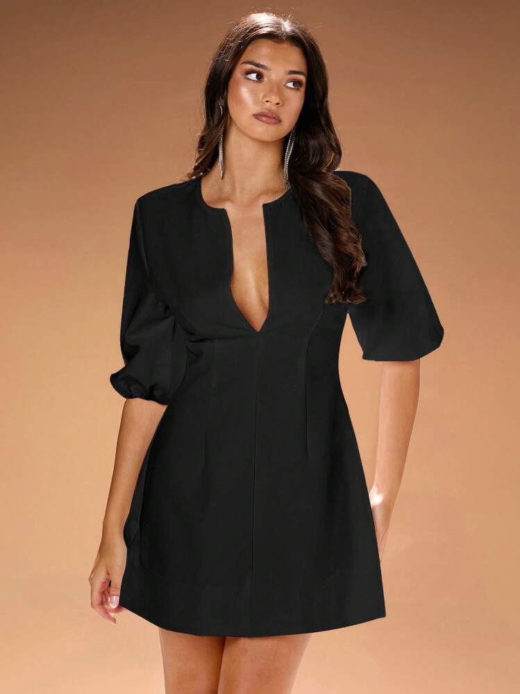 Chiquease Black A-Line V-Neck Puff Sleeve Cinched Waist Dress