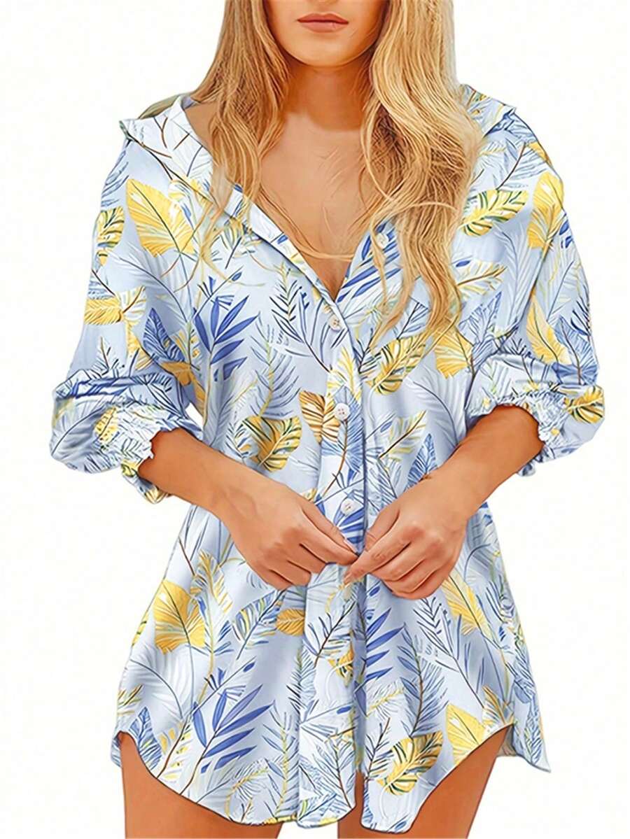 Damska bluzka z długim rękawem i wzorem liści, z kołnierzykiem typu "koszula" - Jasnoniebieski - Zobacz 1