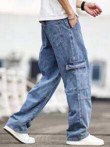 Manfinity Homme Relaxed Fit Men's Cargo Baggy Jeans With Flap Pockets - Blue - View 4