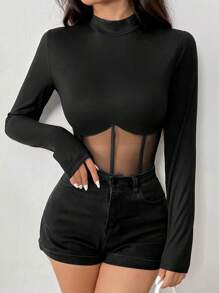 Chiquease 女士新年百搭高领毛衣，收腰设计，透明性感网纱拼接长袖T恤 - 黑色 - 查看 5