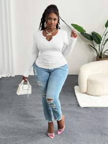 Slaydiva Plus Size V-Neck Basic Ribbed Knit Top, Pink - C