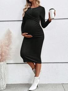 SHEIN 孕妇圆领长袖纯色罗纹前交叉连衣裙 - 黑色 - 查看 4