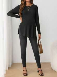 SHEIN 孕妇简单宽松卡其色长袖 T 恤 - 黑色 - 查看 2