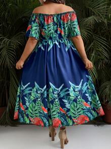 Breezaya Plus Size Off-The-Shoulder Short Sleeve Waist Slimming Floral Print Dress