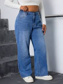 SHEIN EZwear Plus High Waist Straight Leg Jeans - Medium Wash - View 6