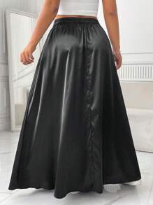 SHEIN EZwear 大码女式褶皱衬衫和简约 A 字裙，休闲日常服装 - 黑色 - 查看 2