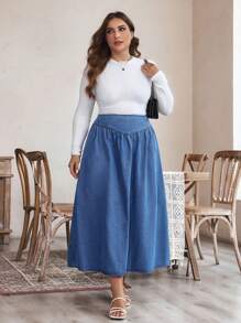 SHEIN LUNE 大码荷叶边简约牛仔裙，休闲日常穿着