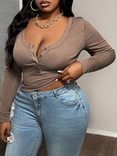 Slaydiva Parte superior tipo camiseta ajustada de punto de unicolor con cuello redondo y manga larga para mujer talla grande, color marrón