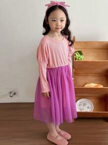 DAZY Đầm thường ngày lưới tương phản màu khối cho bé gái, xuân thu - Hồng - Xem 3