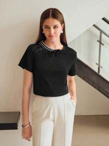 MOTF PREMIUM 纯色人造珍珠和水钻装饰蓬松细节短袖 T 恤