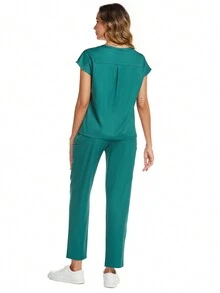 Áo thun tay ngắn cổ khoét màu trơn có quần có túi Bộ đồng phục y tá mùa hè - màu xanh lá - Xem 2