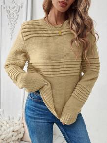 Chiquease Casual Solid Color Long Sleeve Sweater, Autumn, Knit Pullover Fall Winter - Mustard Yellow - View 1