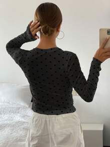 Livesso 女式圆点修身圆领长袖时尚透明衬衫 - 黑色 - 查看 8