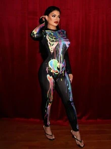 SHEIN SXY Bộ đồ liền thân dài tay hình bộ xương phát sáng trong bóng tối dành cho nữ trong lễ Halloween - Nhiều màu - Xem 6