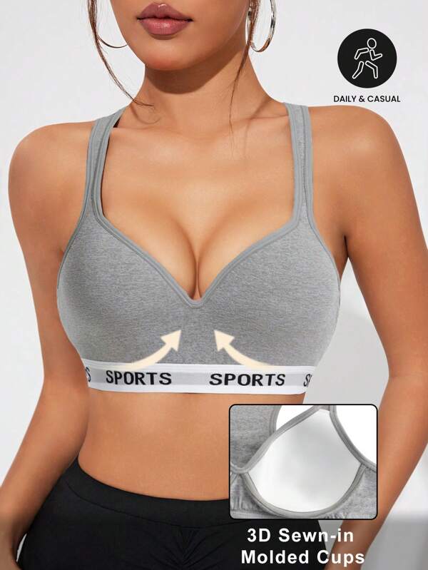 SHEIN Sport Studio Seamless Solid Color Backless Sports Bra Without Removable Pads, Shockproof Seamless Sports Bra With Sewn-In Pads, Athletic Bras Non-Removable Pads For For Women High Support Racerback,Workout, Yoga, Running Grey