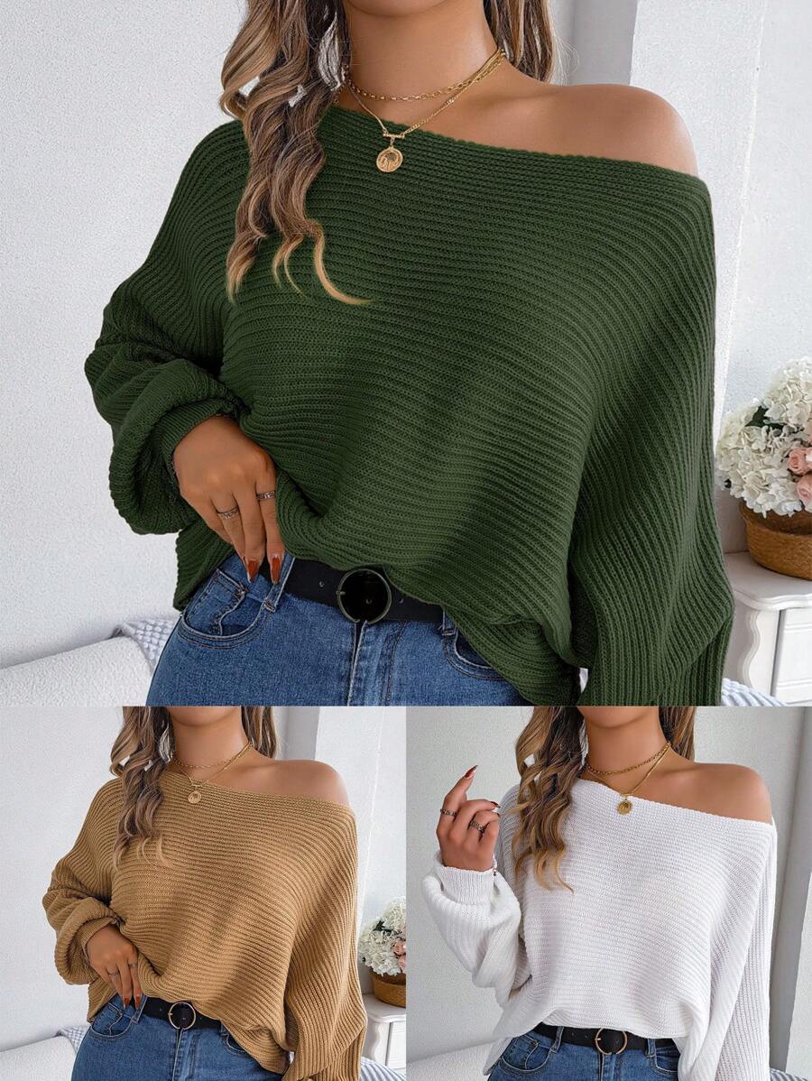Asymmetrical Neck Rib Knitted Batwing Sleeve Sweater For Autumn - Khaki - View 1