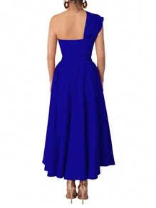 Women's Sleeveless Solid Color Side Pocket Split Hem Dress, Elegant Summer - Blue - View 4