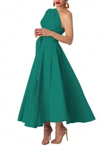 Women Summer Solid Color Sleeveless Slit Hem Dress, Elegant - Green - View 4