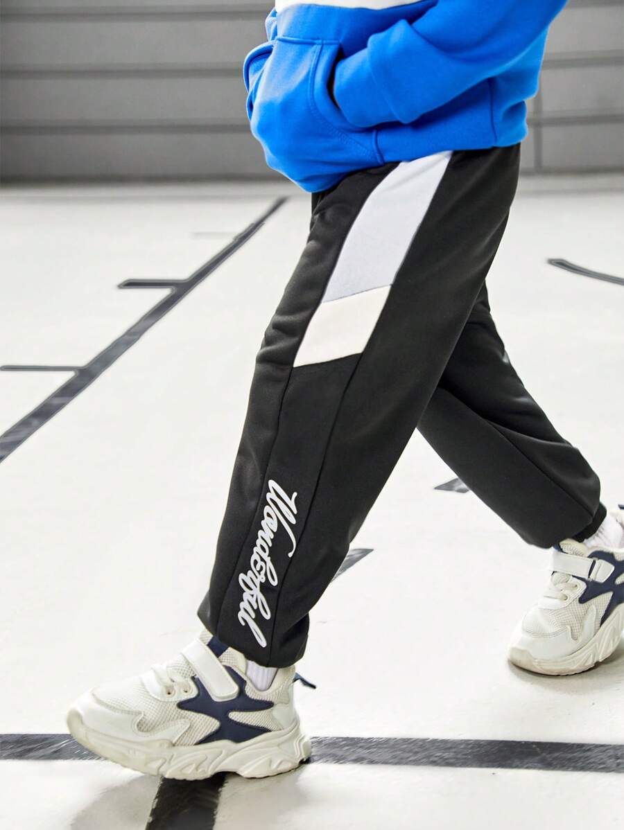 SHEIN Young Boy Patchwork Casual Sports Trousers, Moisture-Wicking, Letter Print, Contrast Color, For School, Street, Running, Basketball - Multicolor - View 1