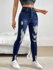 SHEIN Essnce Quần Jeans Skinny Jeans Xanh Denim Cho Nữ - Rửa tối - Xem 4