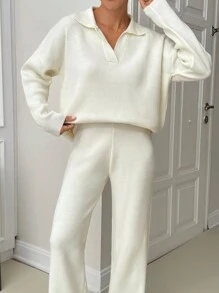 EURMUSE Woman Loose Fit Comfy Warm Thick Polo Neck Sweater And Pants Co-Ords Two Piece Set - Beige - View 8