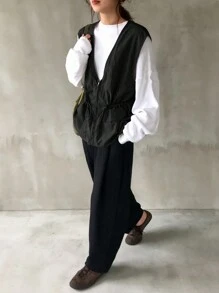 FRIFUL Women's Casual Zip-Up Waist Fitted Vest Jacket For Spring/Fall