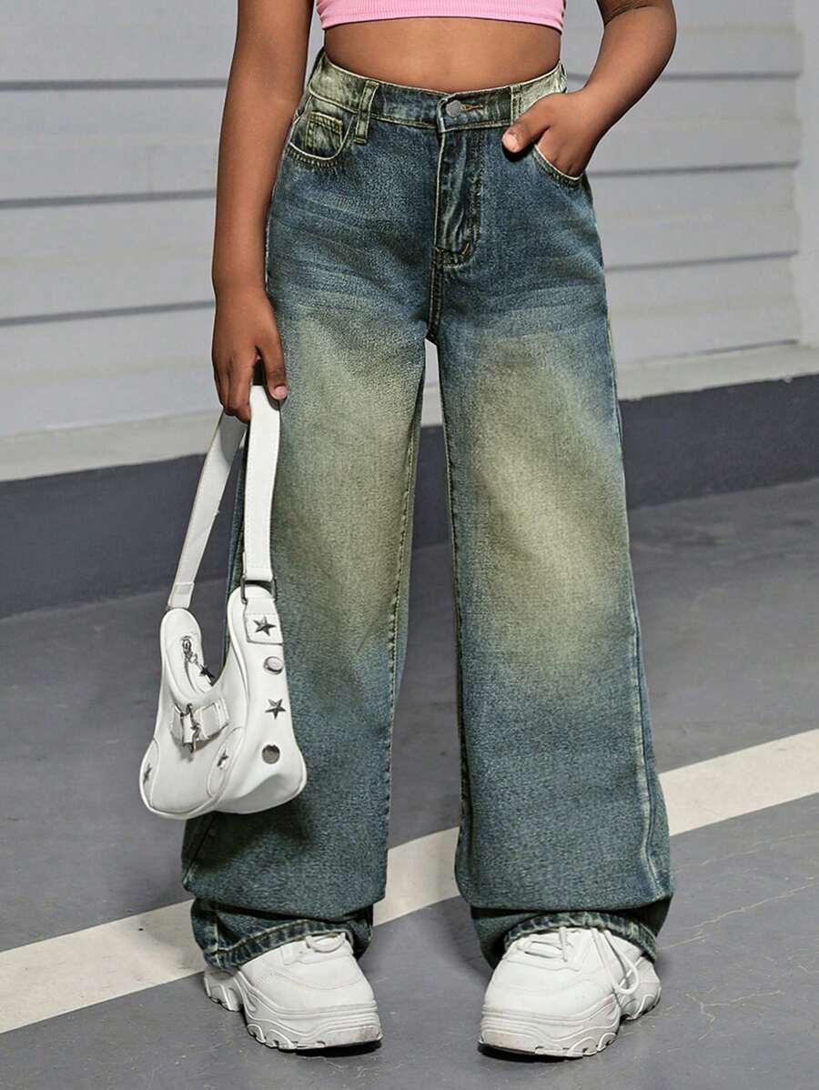 SHEIN Tween Mädchen Y2k Stonewashed Causal Straight Leg Denim Jeans mit ...