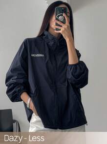 DAZY 女式字母刺绣前拉链休闲夹克，秋季服装 - 藏蓝色 - 查看 8