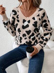 SHEIN Clasi Women's Deep V-Neck Long Sleeve Leopard Print Sweater - Multicolor - View 6