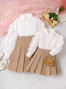 2 piezas Conjunto de blusa de manga larga con volante exagerado y falda plisada para niñas preadolescentes - Caqui - Ver 1