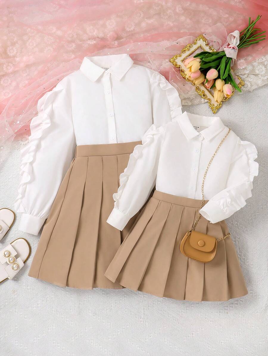 2 piezas Conjunto de blusa de manga larga con volante exagerado y falda plisada para niñas preadolescentes - Caqui - Ver 1