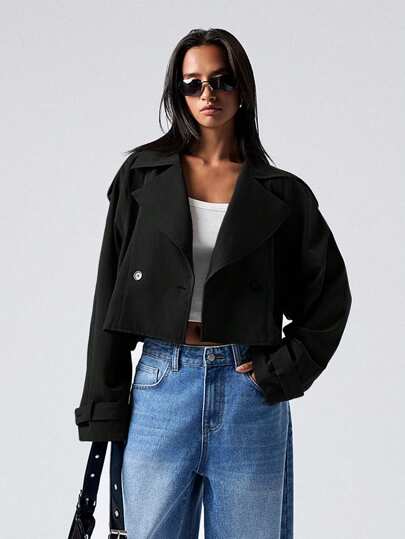 SHEIN EZwear 大码纯色前扣长袖休闲风衣，秋冬