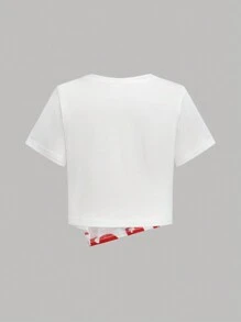 SHEIN Blusa casual de cuello redondo de manga corta tejida para niña joven