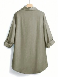 Women Linen Button Down Blouse - Green - View 2