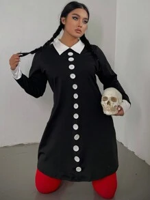 Flirla Plus Size Dark Halloween Wednesday Dress - Black - View 7